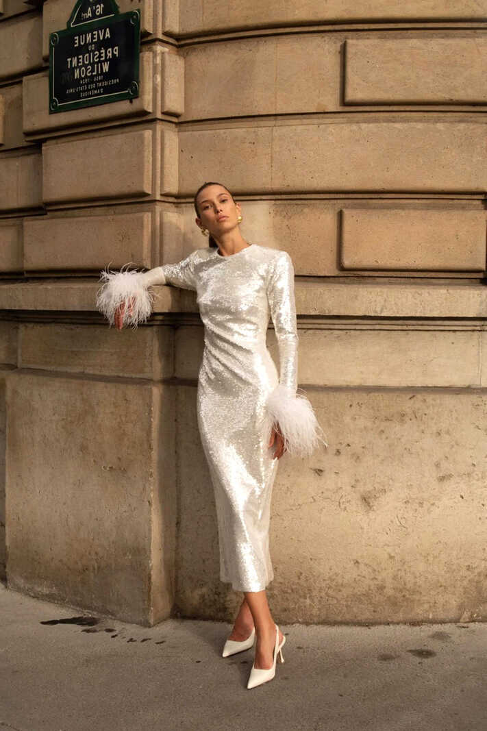 Long Sleeve Feather Detail Sequin Midi Dress White - Luxe Sequin ...