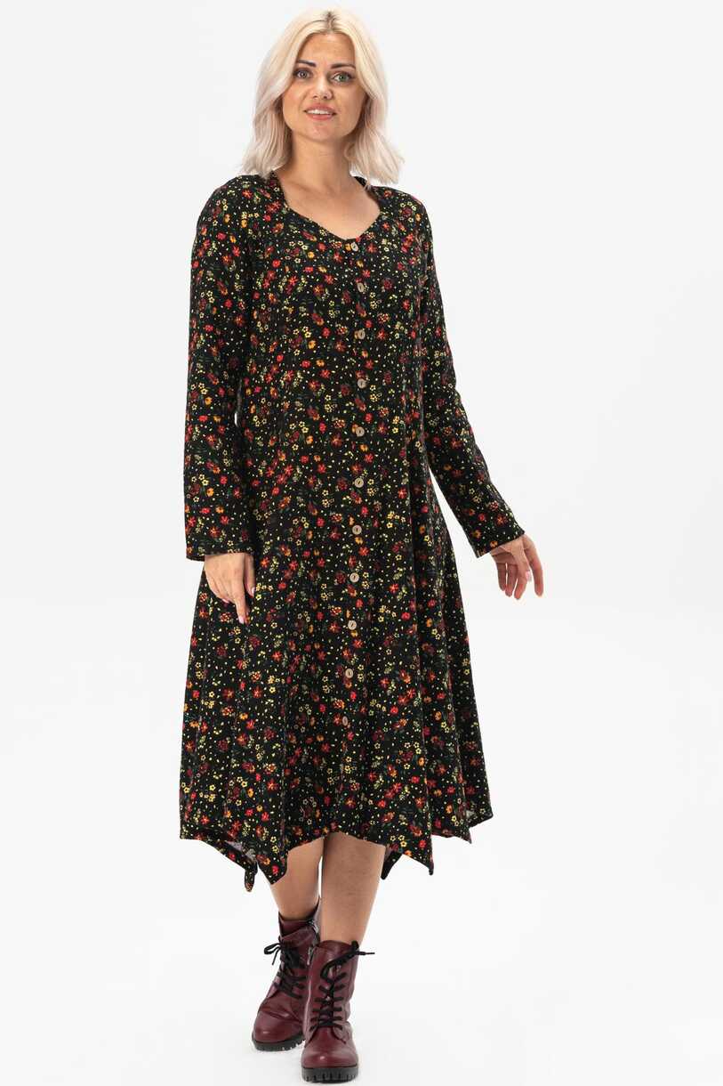 Long Sleeve Flannel Selvi Dress Floral Pattern Black | silemoda.com