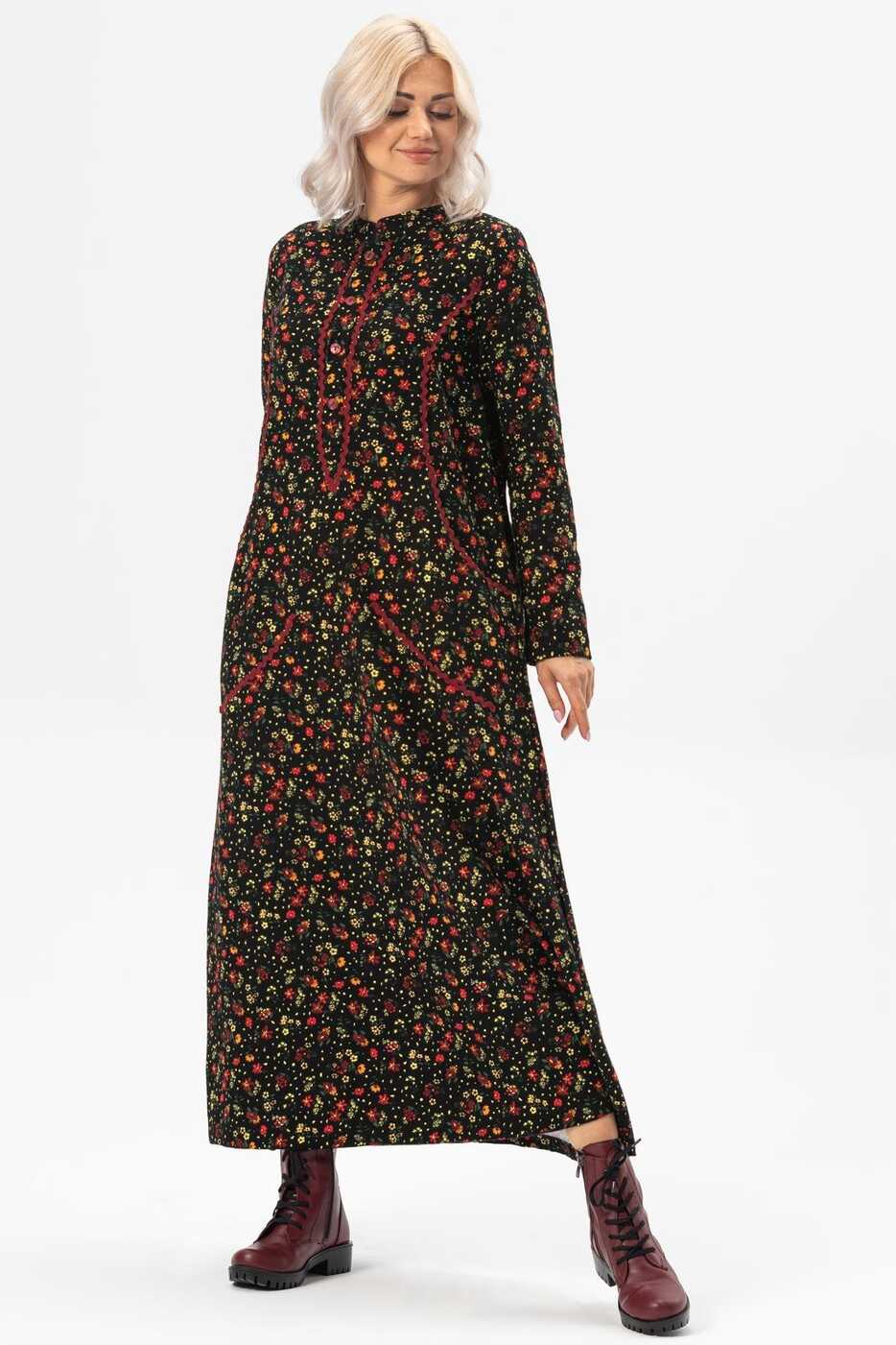 Long Sleeve Flannel Sudenaz Long Dress Floral Pattern Black ...