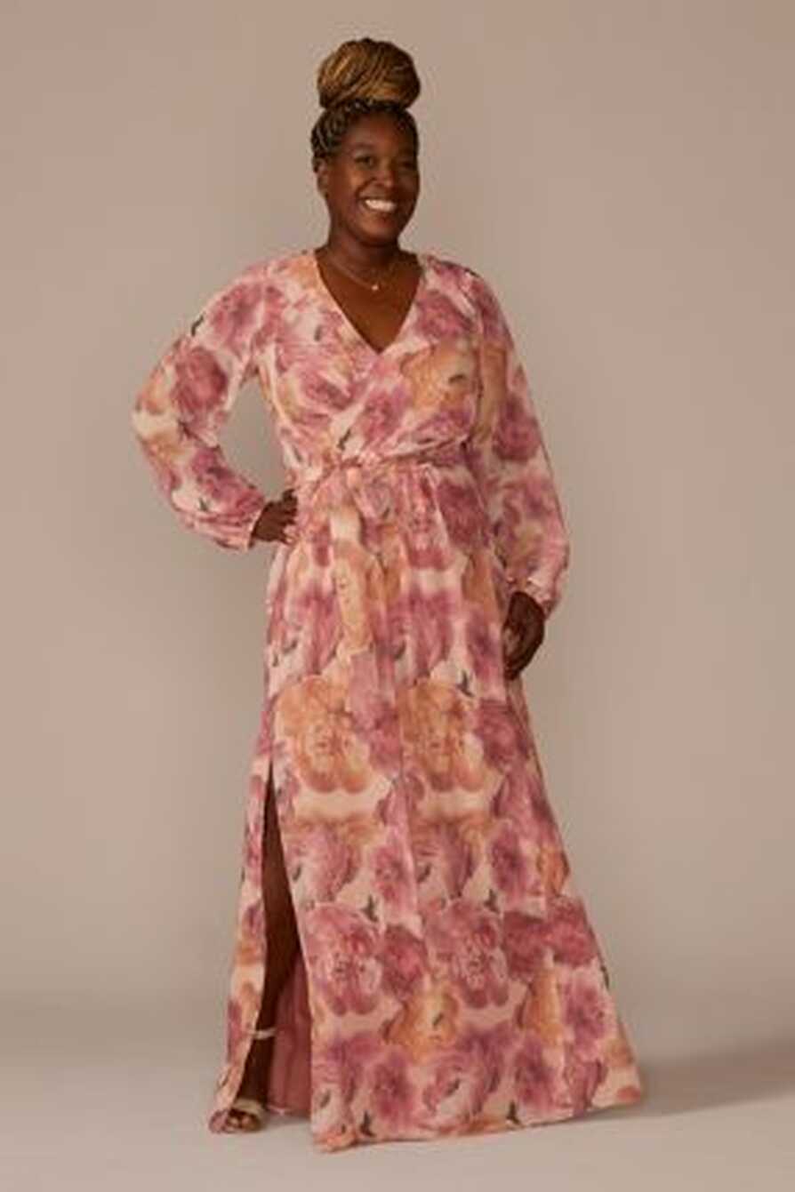 Long Sleeve Floral Chiffon Maxi Dress with Slit | David&#39;s Bridal