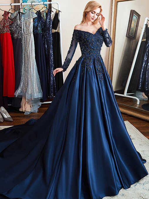 Long Sleeve Floral Lace Appliques Satin Beaded Ball Gown Formal ...