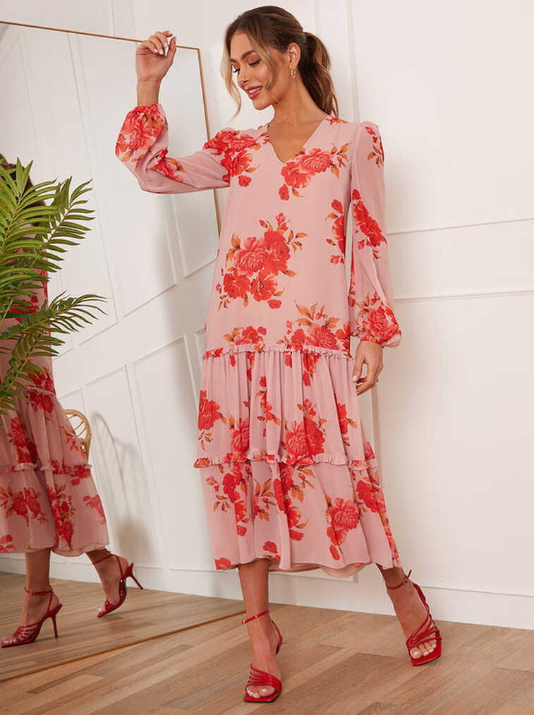 Long Sleeve Floral Printed Midi Dress in Pink – Chi Chi London