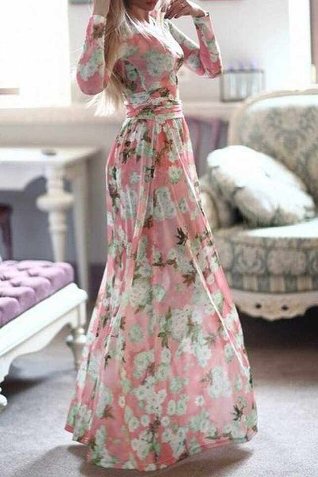 Long Sleeve Full Floral Maxi Dress AZURE PURPLE PINK