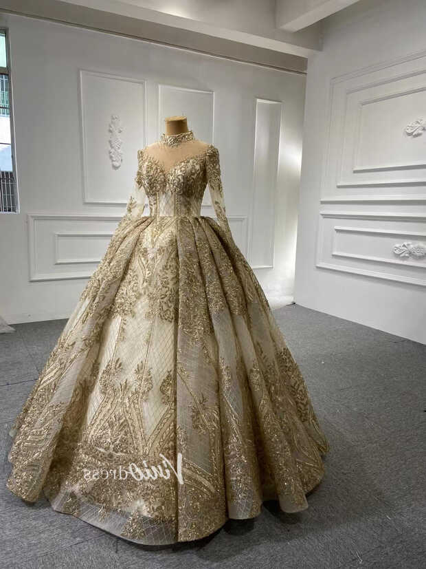 Long Sleeve Gold Ball Gown High Neck Princess Wedding Dress 67189 ...