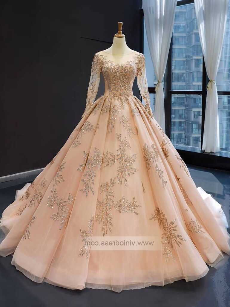 Long Sleeve Gold Ball Gown Prom Dresses Sparkly Lace Princess ...