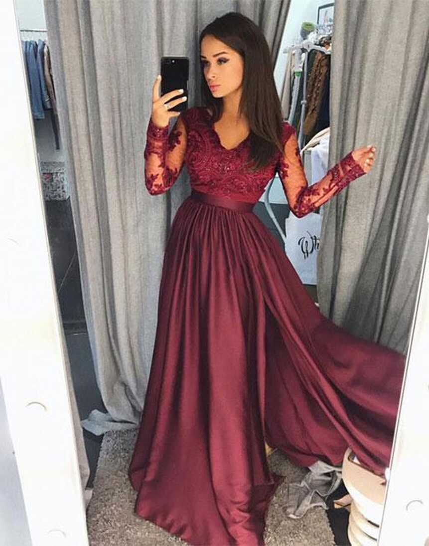 Long Sleeve Lace Dark Red Side Slit A Line Long Evening Prom ...