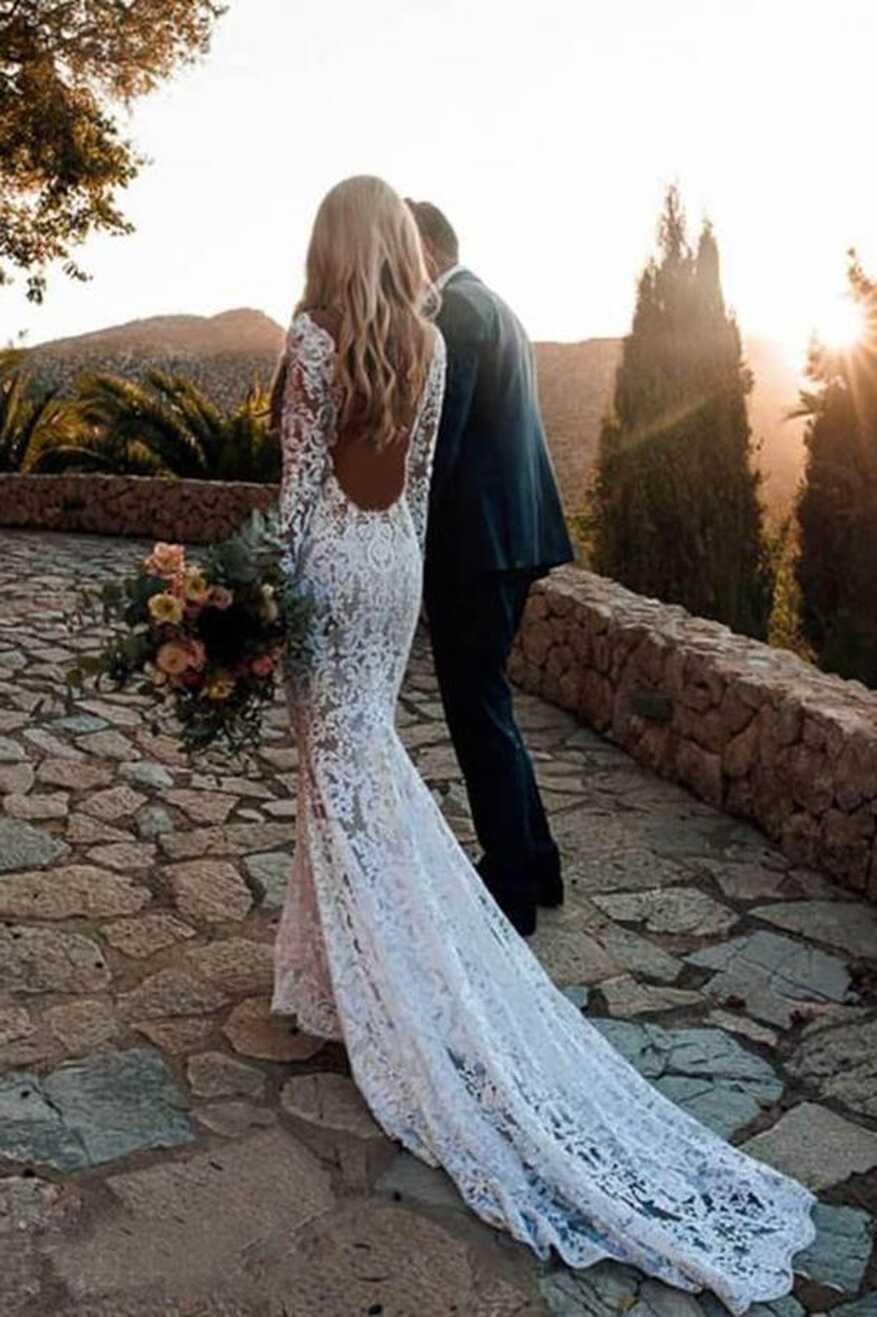 Long Sleeve Lace V Neck Backless Mermaid Boho Wedding Dresses ...