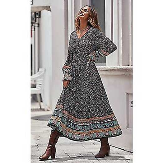 Long Sleeve Maxi Dress For Women - V Neck Casual Button Down Boho ...