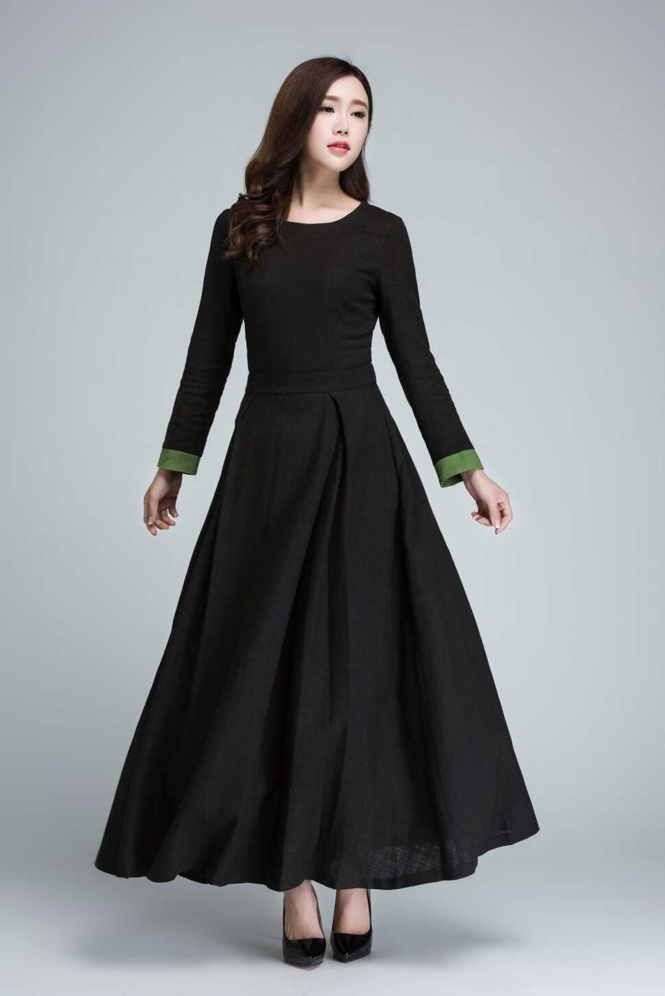 Long Sleeve Maxi Dress in Black, Linen Dress, Women&#39;s Dress, Prom ...