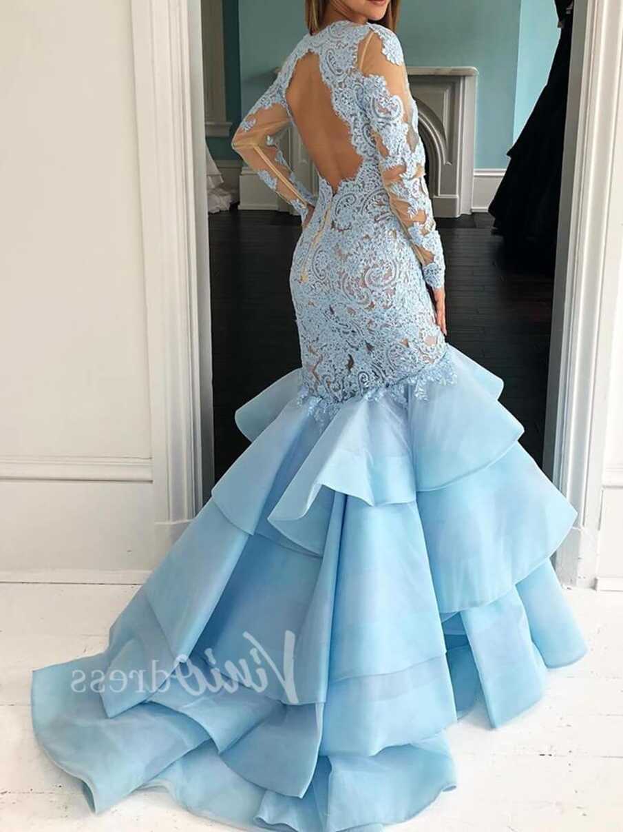 Long Sleeve Mermaid Prom Dresses Light Blue Lace Pageant Dress ...