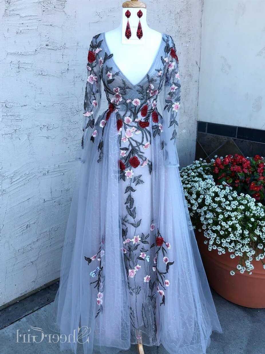 Long Sleeve Modest Floral Prom Dresses Embroidered Long Formal ...