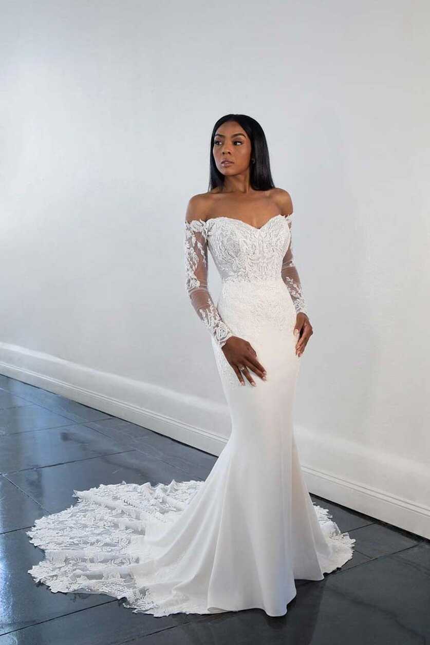 Long Sleeve Off The Shoulder Sheath Wedding Dress With Lace Bodice ...