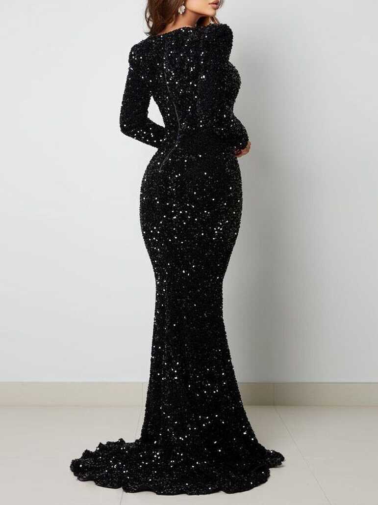 Long Sleeve Padded Sequin Dress Floor Length Stretch V Neck Formal ...