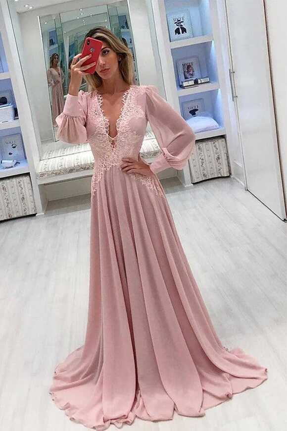 Long Sleeve Prom Dresses Deep V Neck A Line Pink Prom Dress PSK346 ...