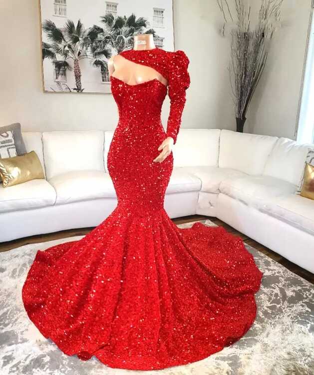 Long Sleeve Red Mermaid Prom Dress | Burgundy Mermaid Sequin Prom ...