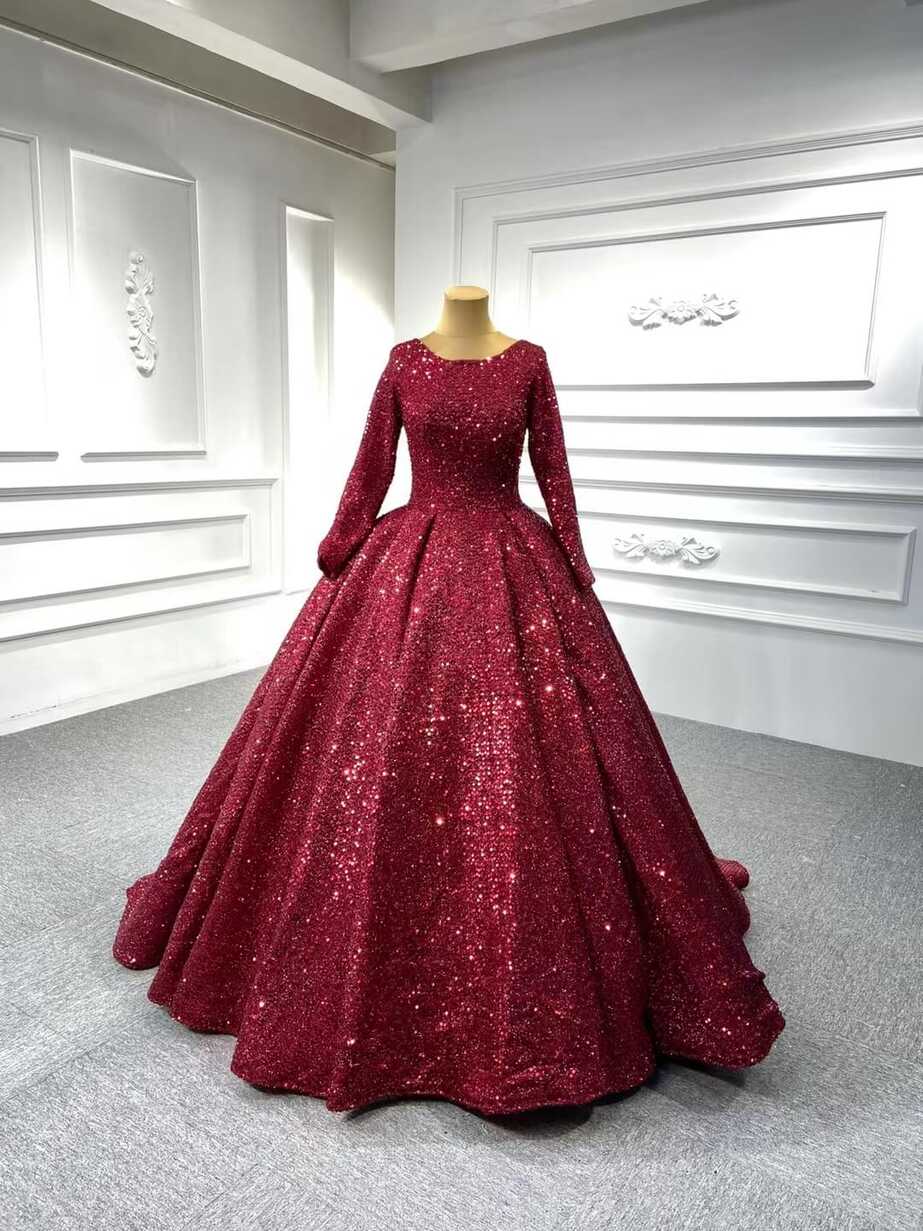 Long Sleeve Red Sequin Ball Gown Glamour Prom Dresses 67121B ...