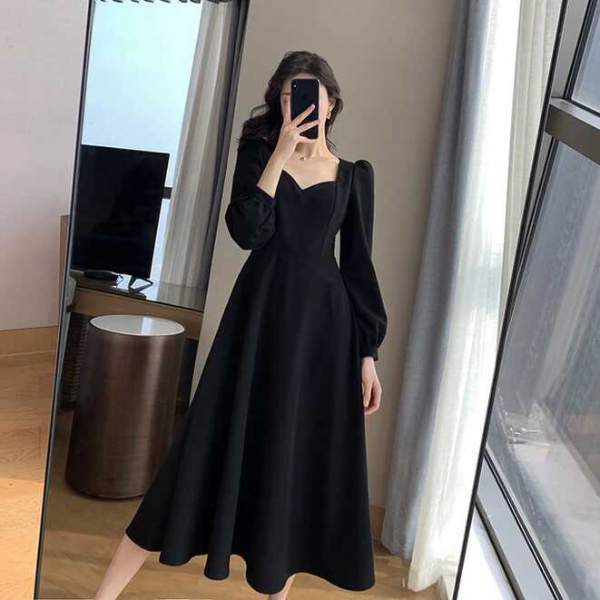 Long Sleeve Retro Black Sexy Dress Casual Long Sleeve Dresses ...