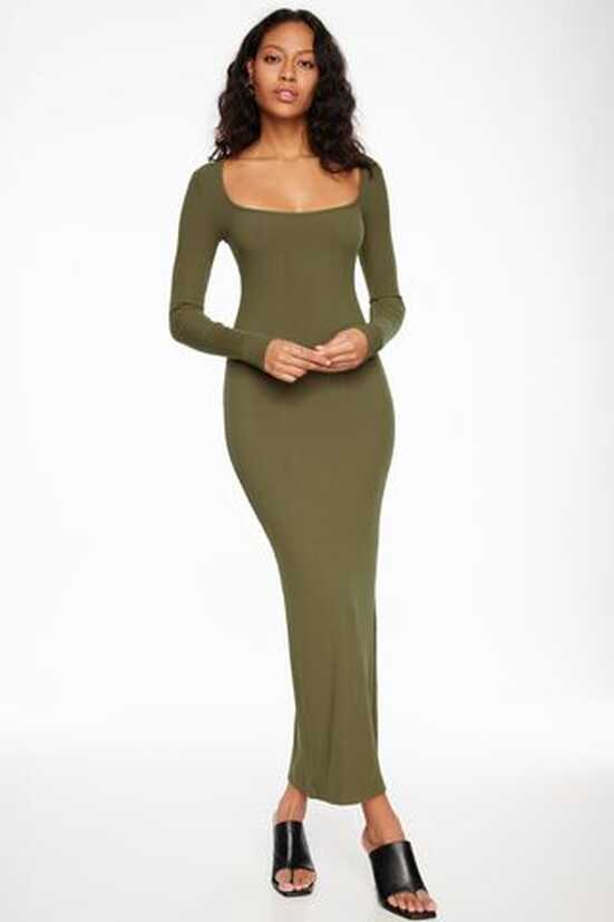 Long Sleeve Ribbed Maxi Dress Green | Dynamite