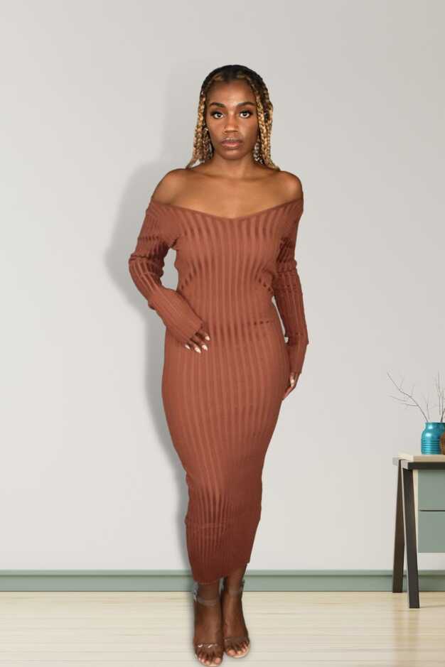 Long Sleeve Ribbed Off Shoulder Dress – BodyFab.com