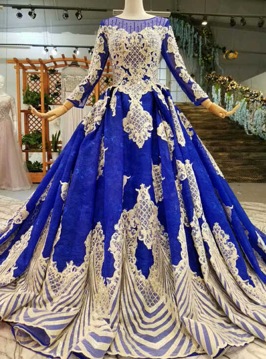 Long Sleeve Royal Blue Tulle Lace Appliques Luxury Wedding Dress