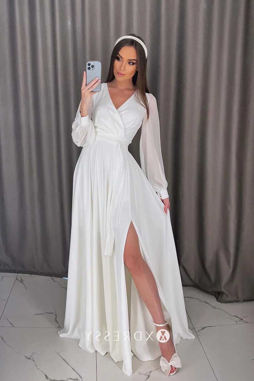 Long Sleeve Satin Chiffon High Slit Bridal Shower Dress - Xdressy