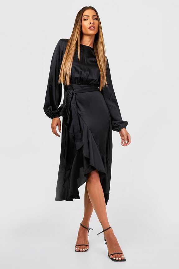 Long Sleeve Satin Frill Wrap Midi Dress | boohoo DK