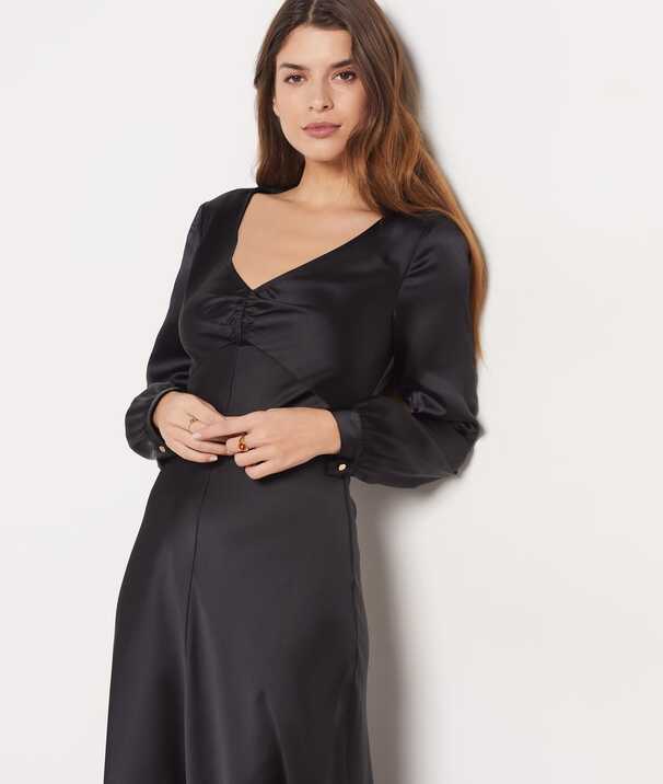 Long Sleeve Satin Maxi Dress With Cinch Neckline - PATSIE - NOIR ...