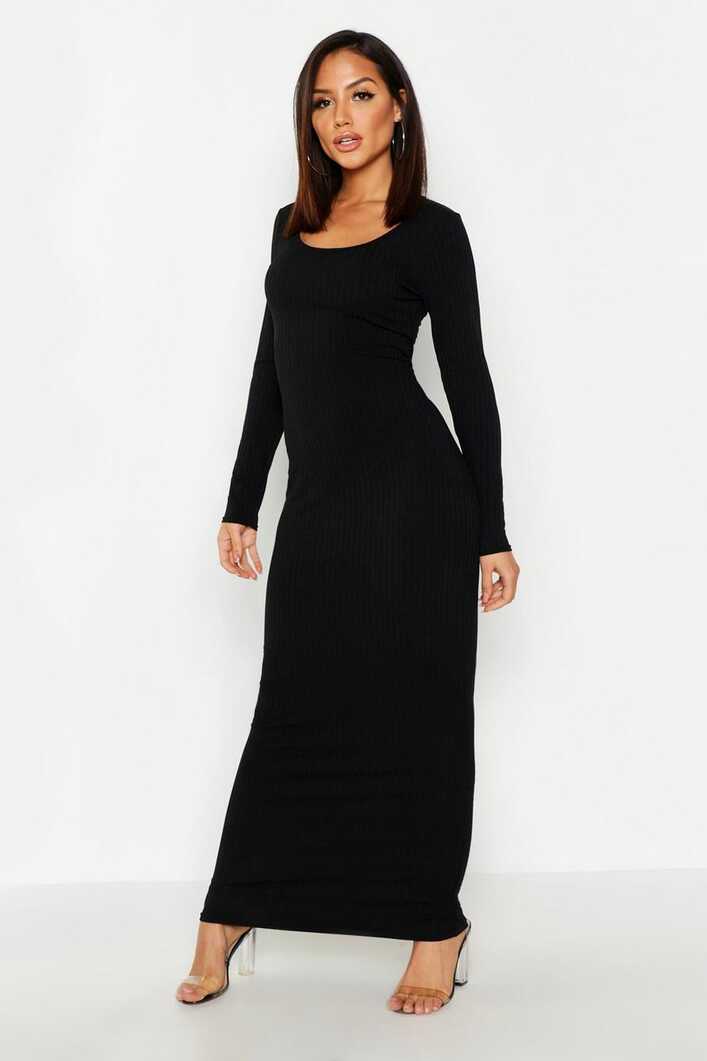 Long Sleeve Scoop Neck Ribbed Maxi Dress | boohoo NZ