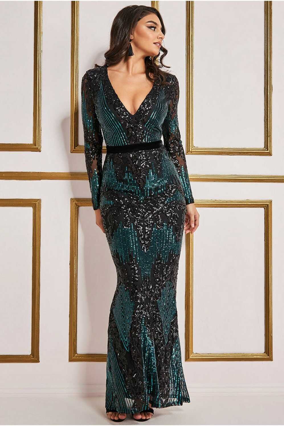 Long Sleeve Sequin Evening Maxi Dress - Emerald