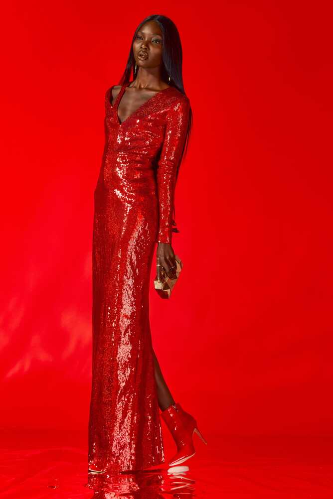 Long Sleeve Sequin Gown - Red | L&#39;MOMO | Wolf &amp; Badger