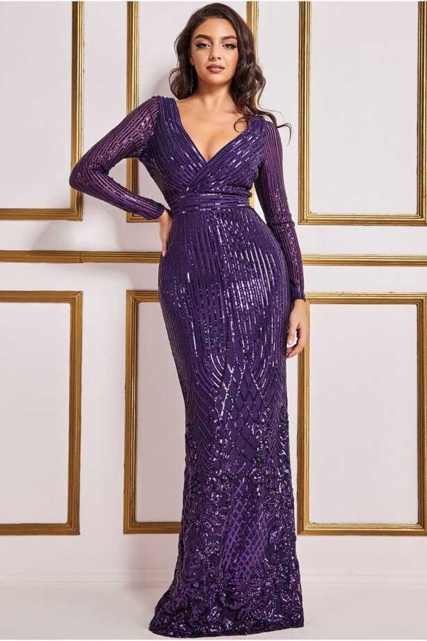 Long Sleeve Sequin V Wrap Maxi Dress - Purple