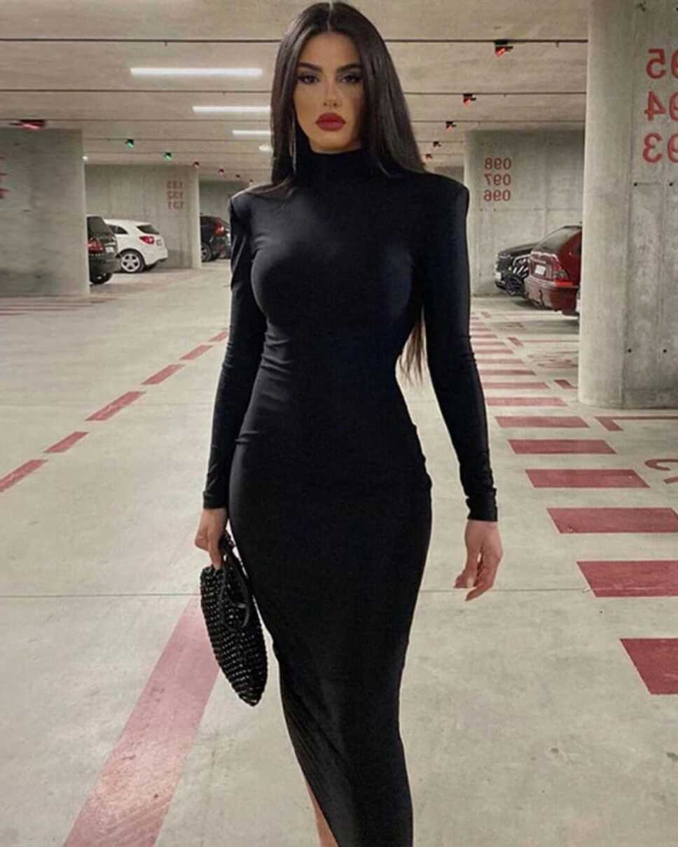 Long Sleeve Sexy Bodycon Black Midi Dress - STYLORD