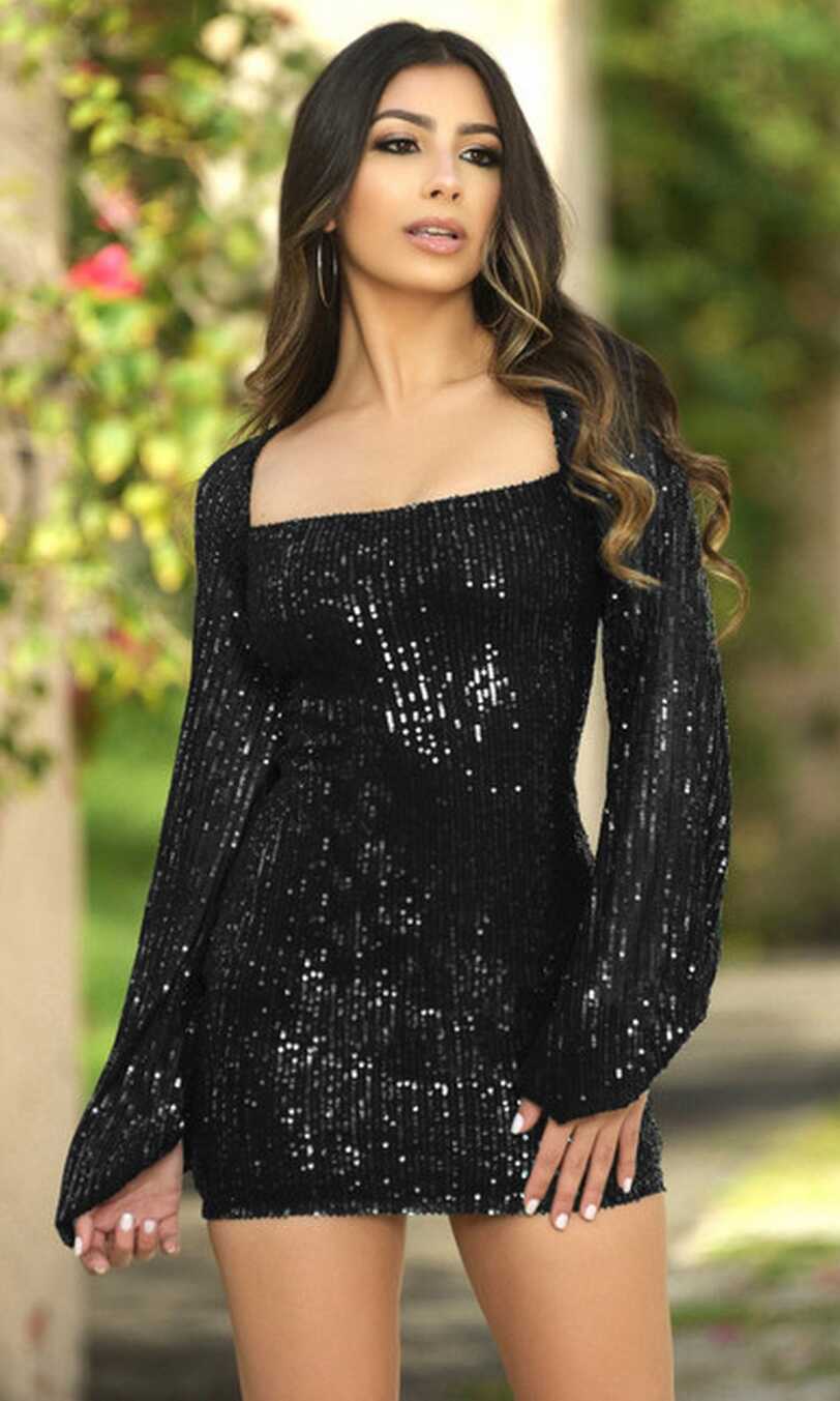 Long Sleeve Short Sequin Sylvia Hoco Dress - PromGirl