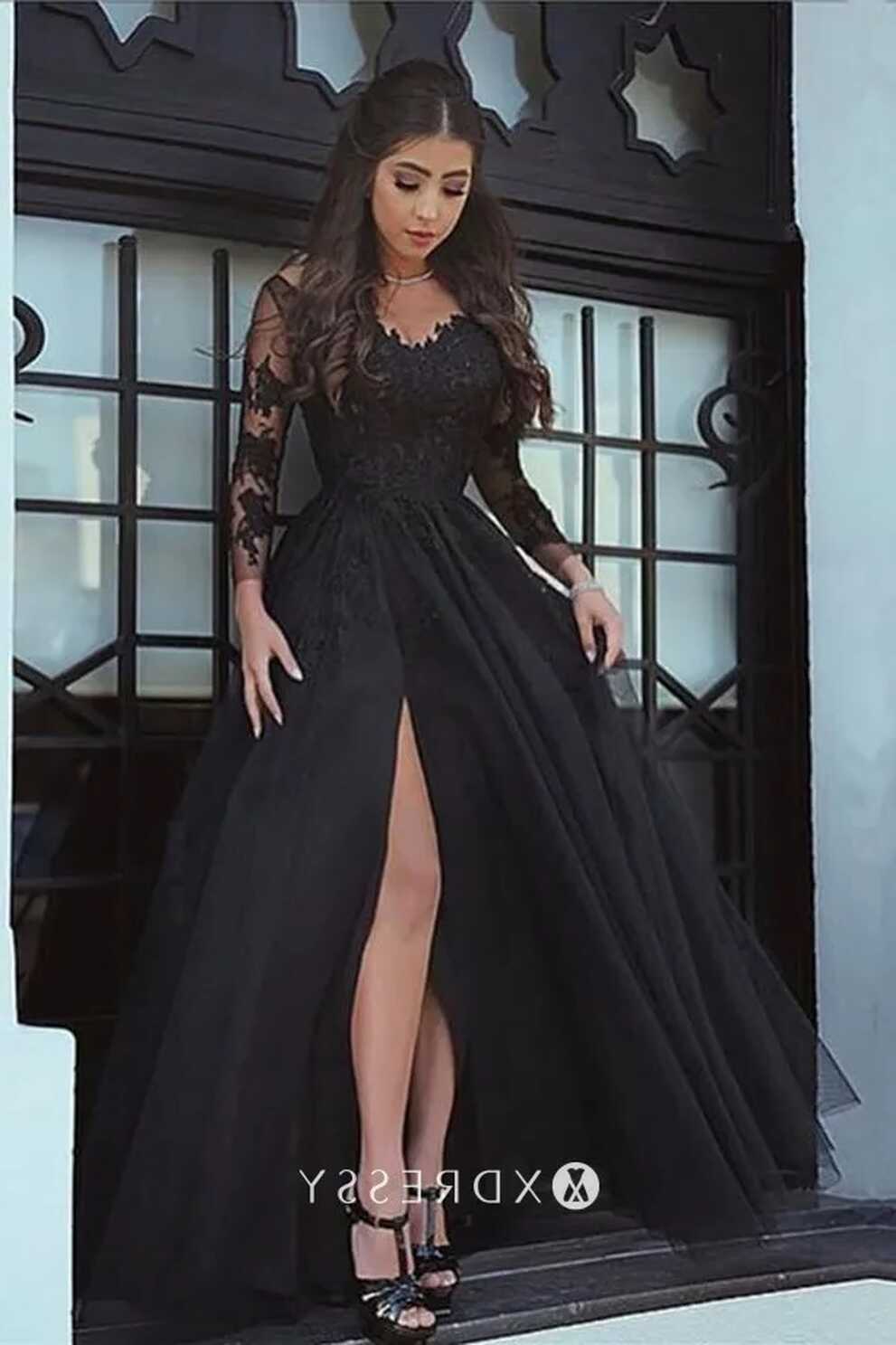 Long Sleeve Slit Black Lace &amp; Tulle Formal Dress - Xdressy