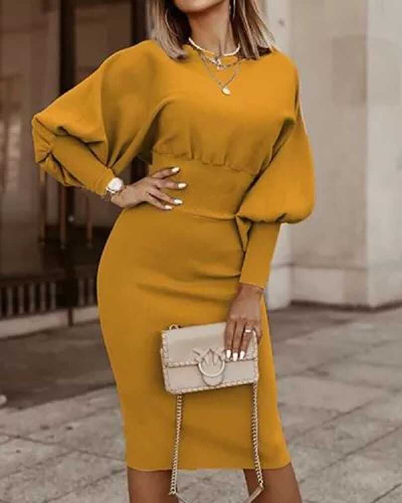 Long Sleeve Solid Knee Length Bodycon Elegant Dress