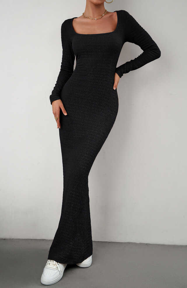 Long Sleeve Square Neck Maxi Bodycon Dress - Flyclothing LLC