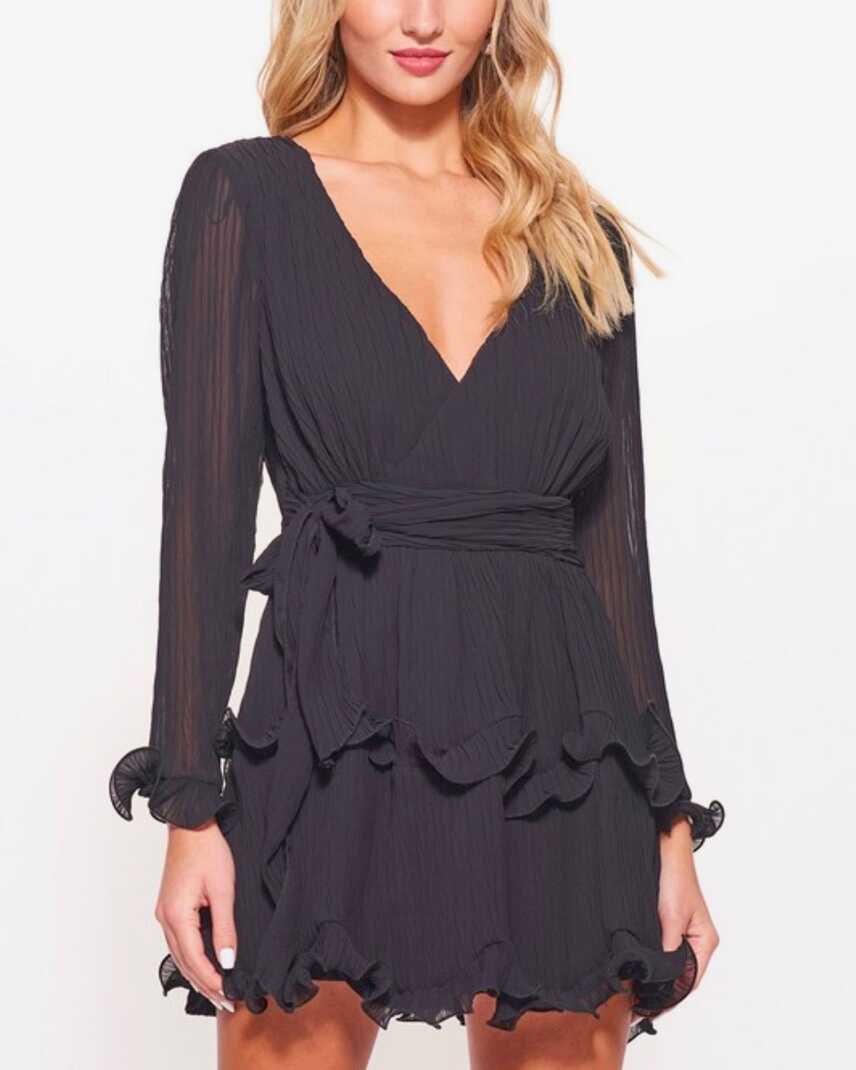 Long Sleeve Tiered Ruffle Chiffon V-neck Dress with Tie Waist in ...