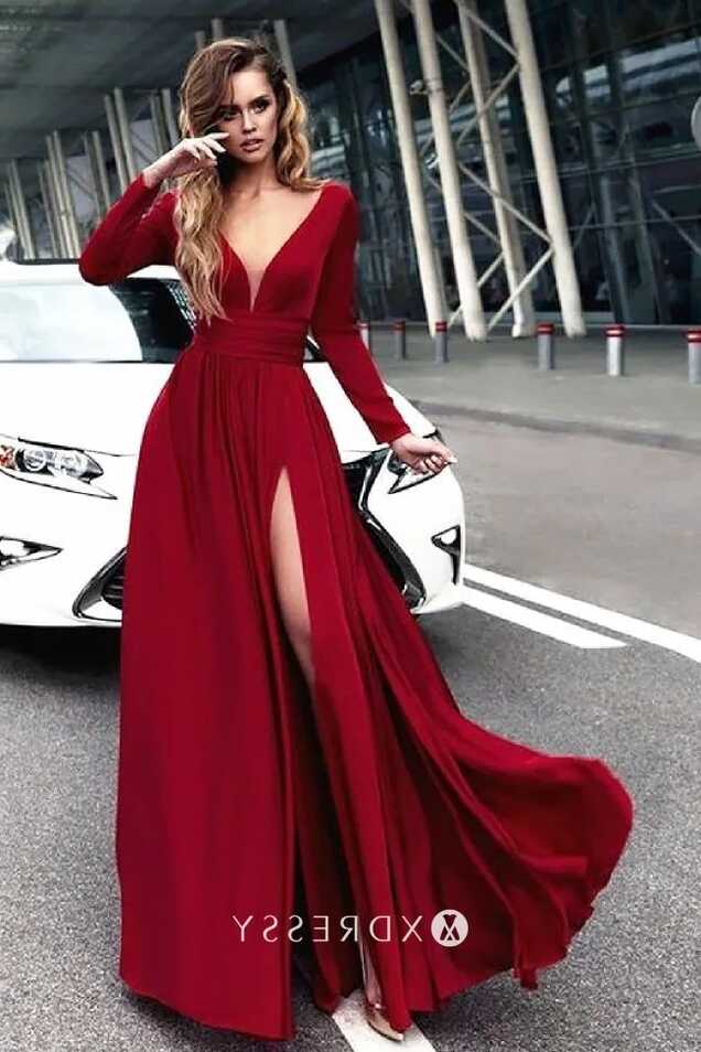 Long Sleeve V Neck Split Crimson Red Prom Dress - Xdressy