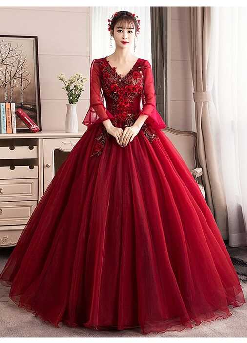 Long Sleeve V neck Wine Red Wedding Gown - OneSimpleGown.com | Red ...