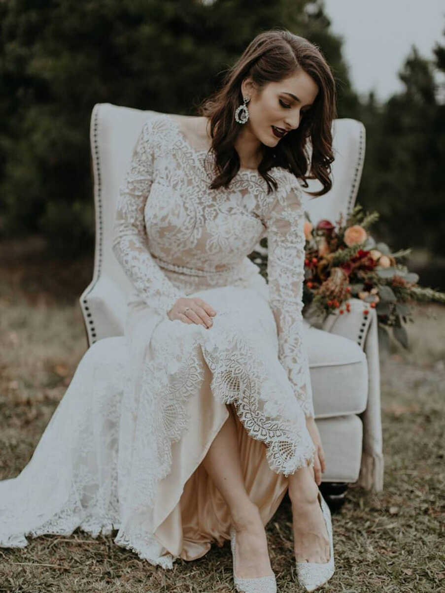 Long Sleeve Vintage Wedding Dresses Backless Rustic Lace Wedding ...