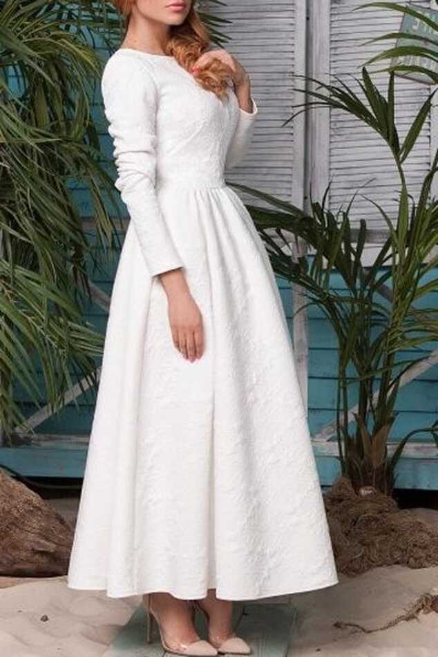 Long Sleeve White Fit and Flare Maxi Dress