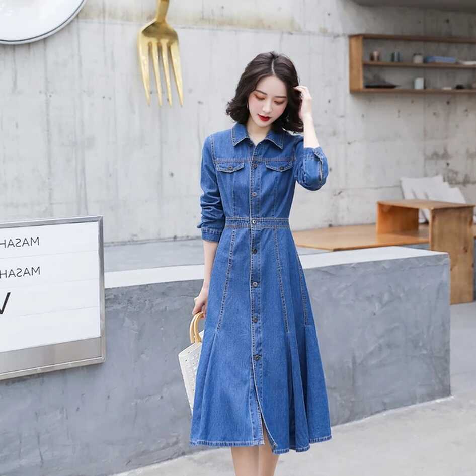 Long Sleeve Women Denim Dress Lapel Single Breasted A-Line Blue ...