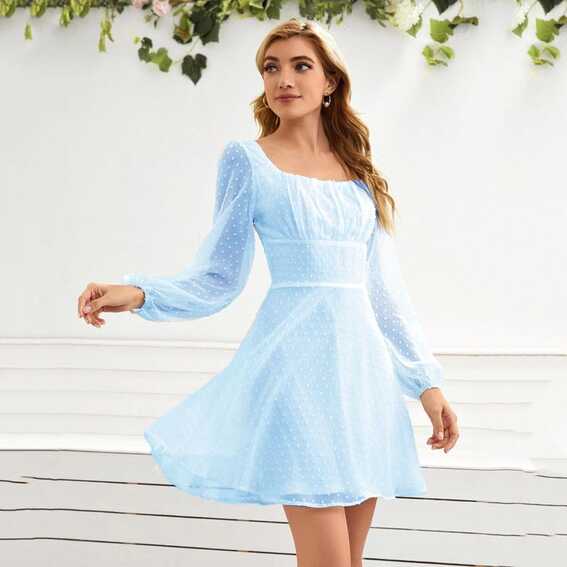 Long Sleeved High Waist Commuter Dress Light blue-L