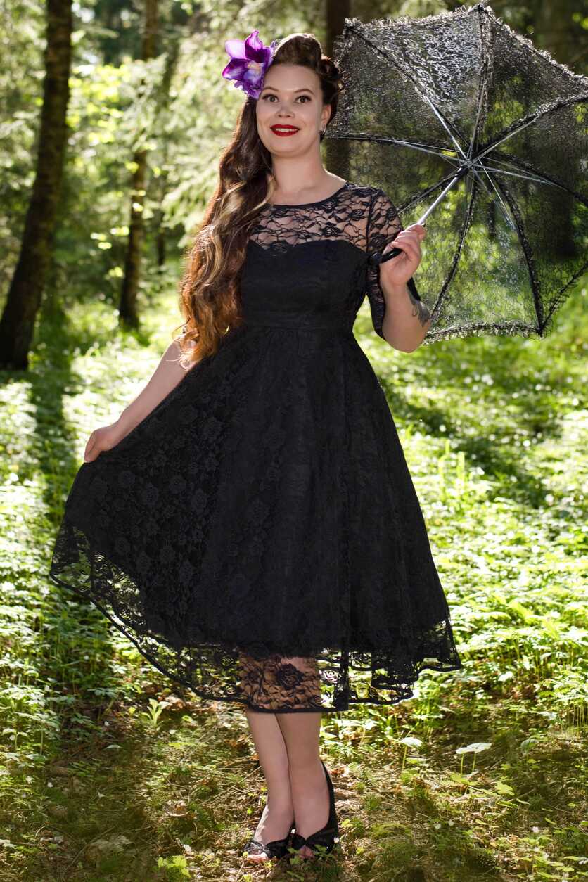 Long Sleeved Mid Calf Formal Lace Dress in Black