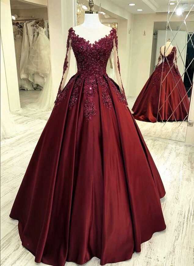 Long Sleeves Ball Gown Lace Appliques Prom Dresses Burgundy ...