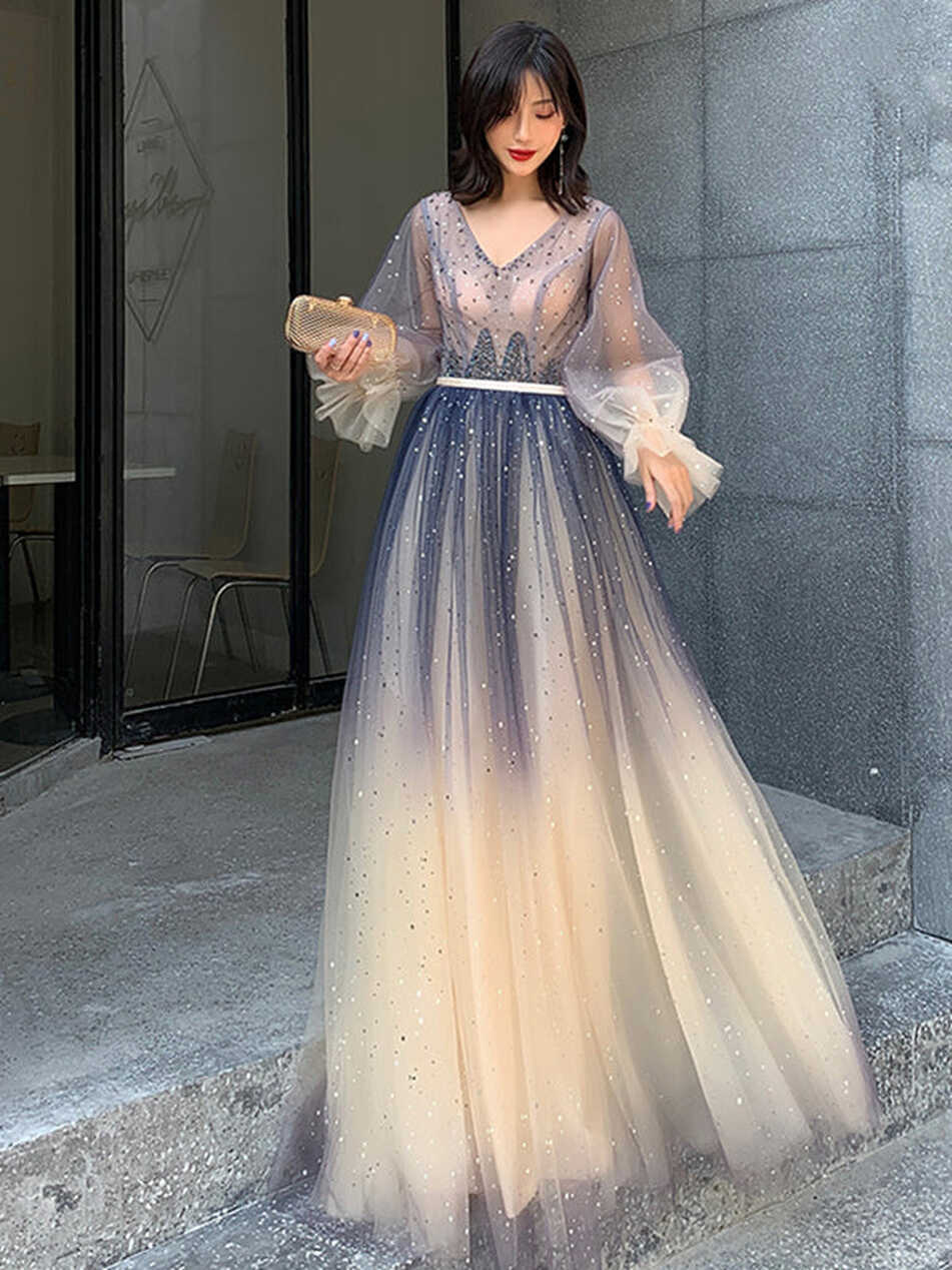 Long Sleeves Blue Ombre Beaded Prom Dresses, Long Sleeves Blue ...