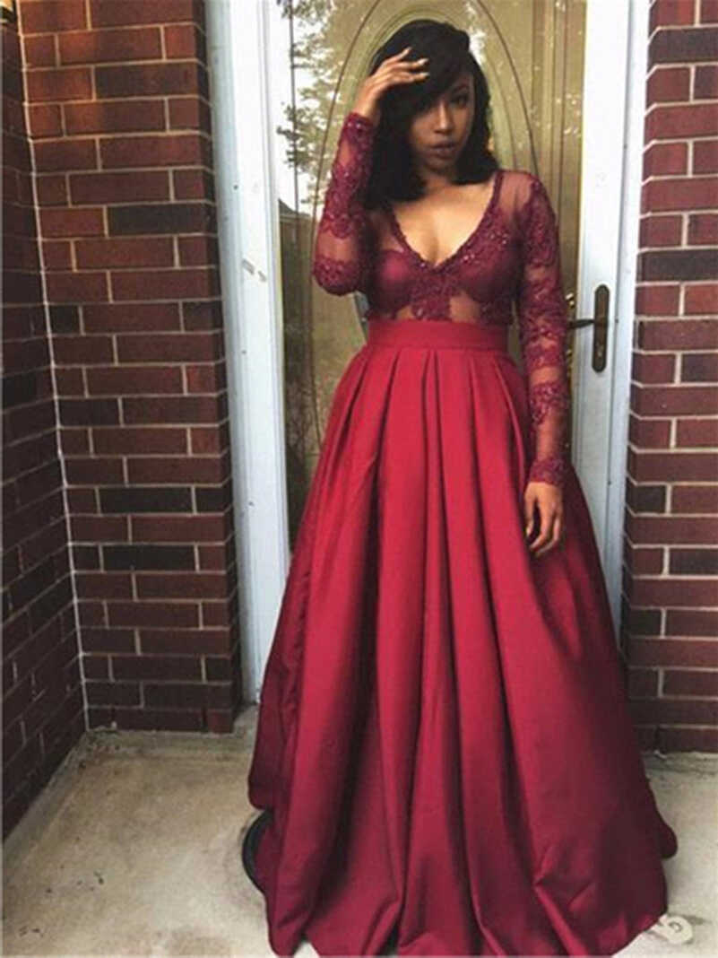 Long Sleeves Burgundy Lace Prom Dresses, Long Sleeves Wine Red V ...