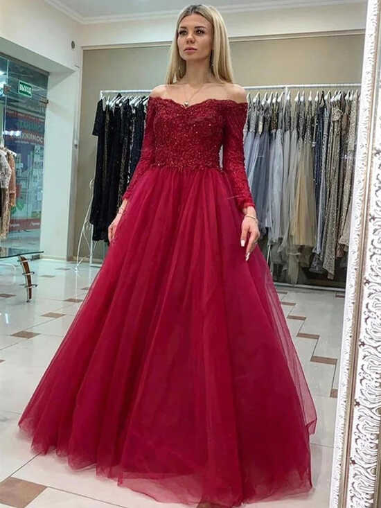 Long Sleeves Burgundy Prom Dresses Lace Off Shoulder Tulle Formal ...