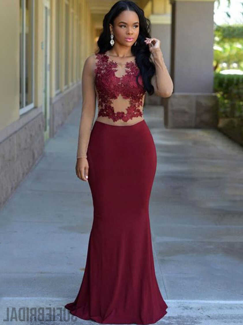 Long Sleeves Dark Red Lace Mermaid Jersey Prom Dresses, PD0982 ...