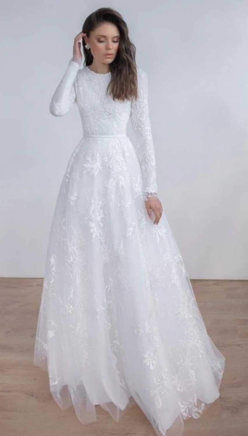 Long Sleeves Lace A-line Modest Wedding Dresses Jewel Neck Sweep ...